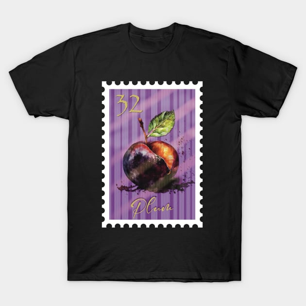 Vintage postage stamp plum watercolor design stamp collector T-Shirt by Dezinesbyem Designs